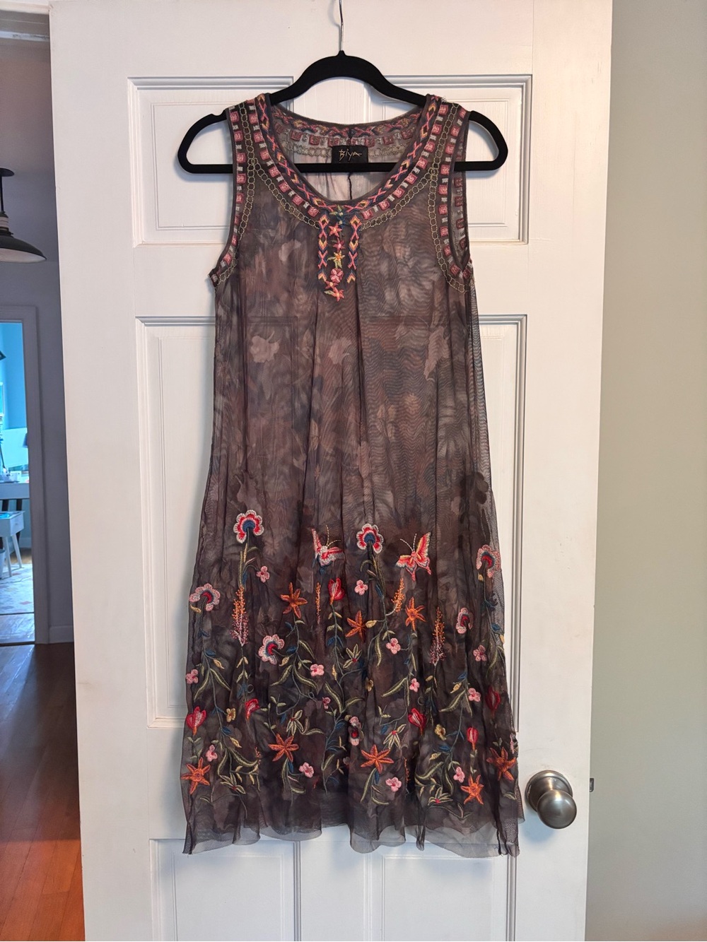 Johnny Was Gray Sleeveless Mesh Dress with Multicolor Floral Embroidery